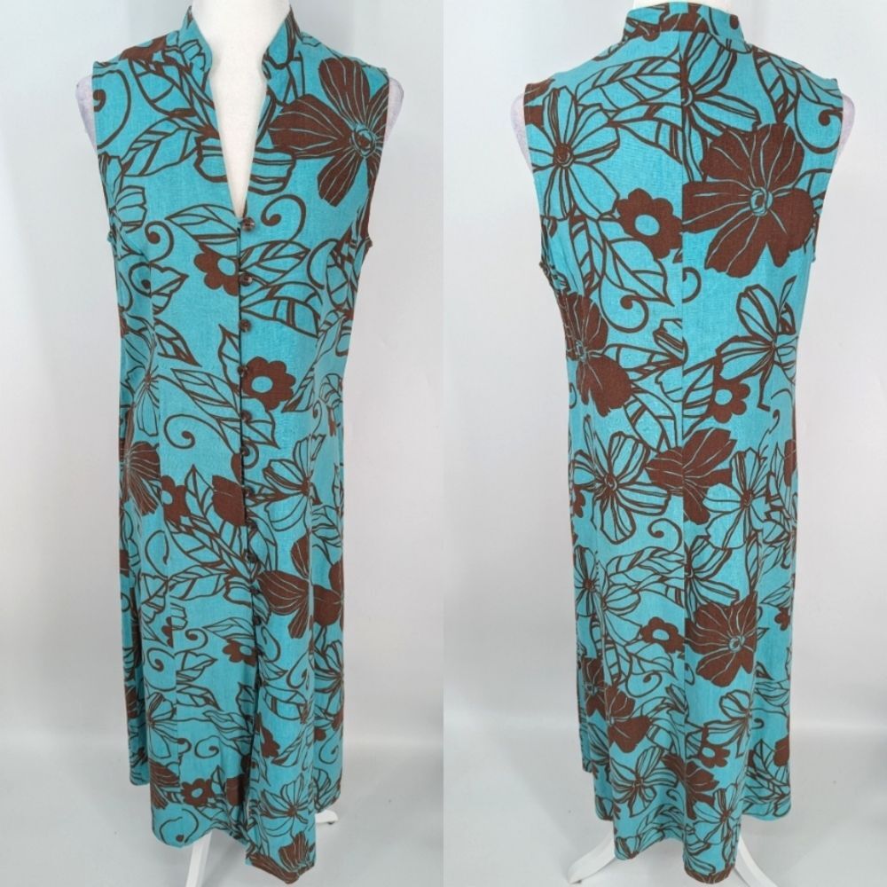 Vintage Miss Dorby Blue Brown Floral Button-Up Sleeveless Linen Maxi Dress 10